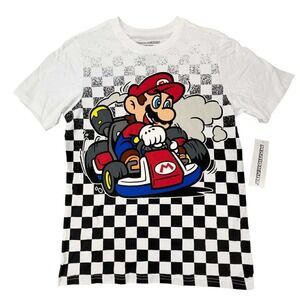 Mario Kart Boys XL 14/16 T-Shirt White Checkered Graphic Tee Nintendo NEW w tags